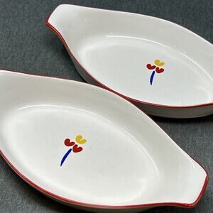Riva Designs Tulips Au Gratin Baking Dish Set of 2 Ceramic Oval Red Trim Japan